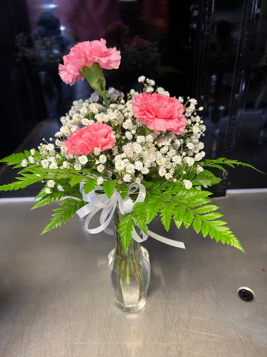 Fresh Floral Vase-3 Carnations with Babies Breath-$20.99