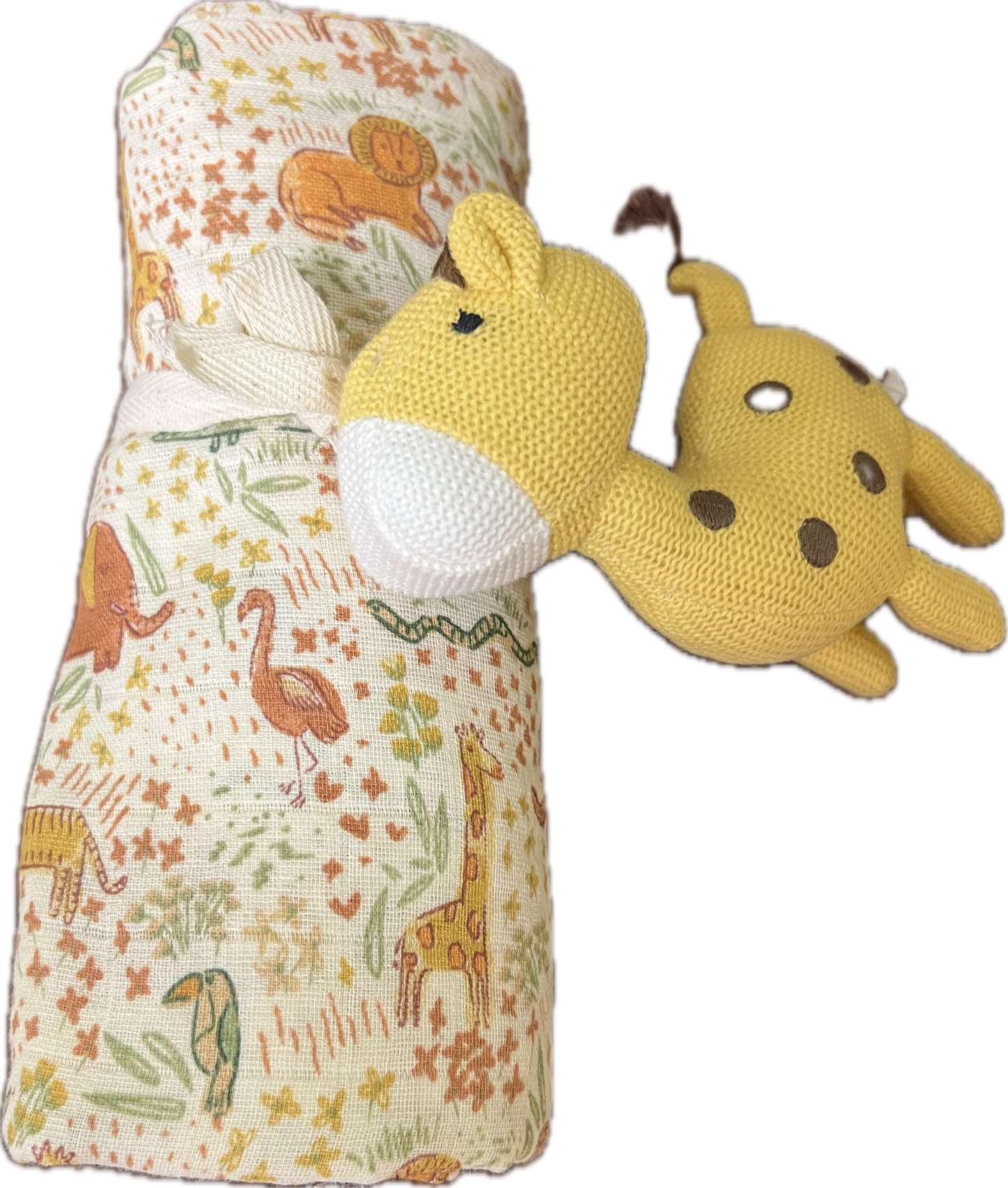 Muslin Safari Swaddle and Rattle Set